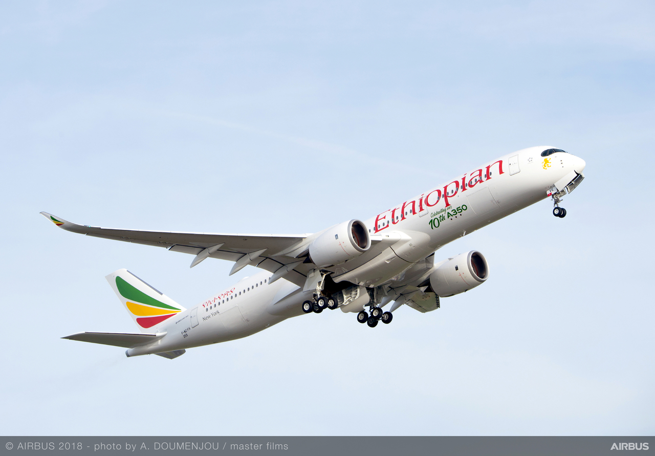 An Ethiopian Airlines A350 climbs after takeoff.