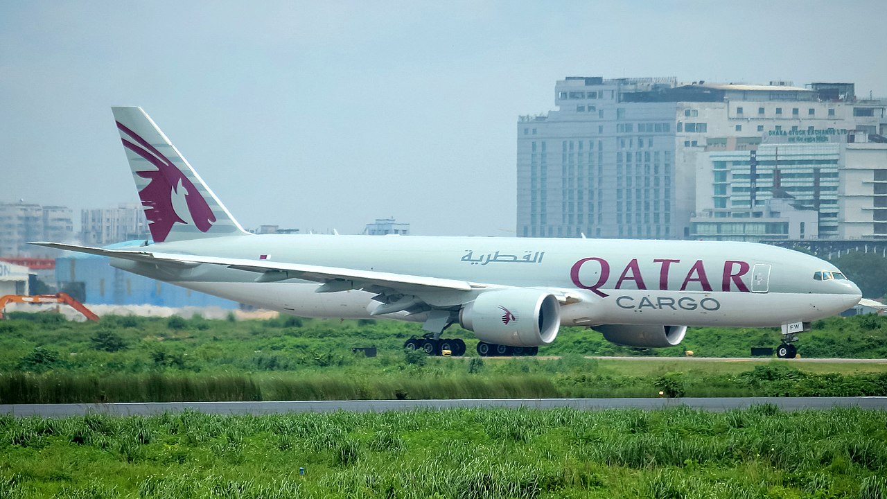 A Qatar Airways Cargo Boeing freighter on the taxiway.