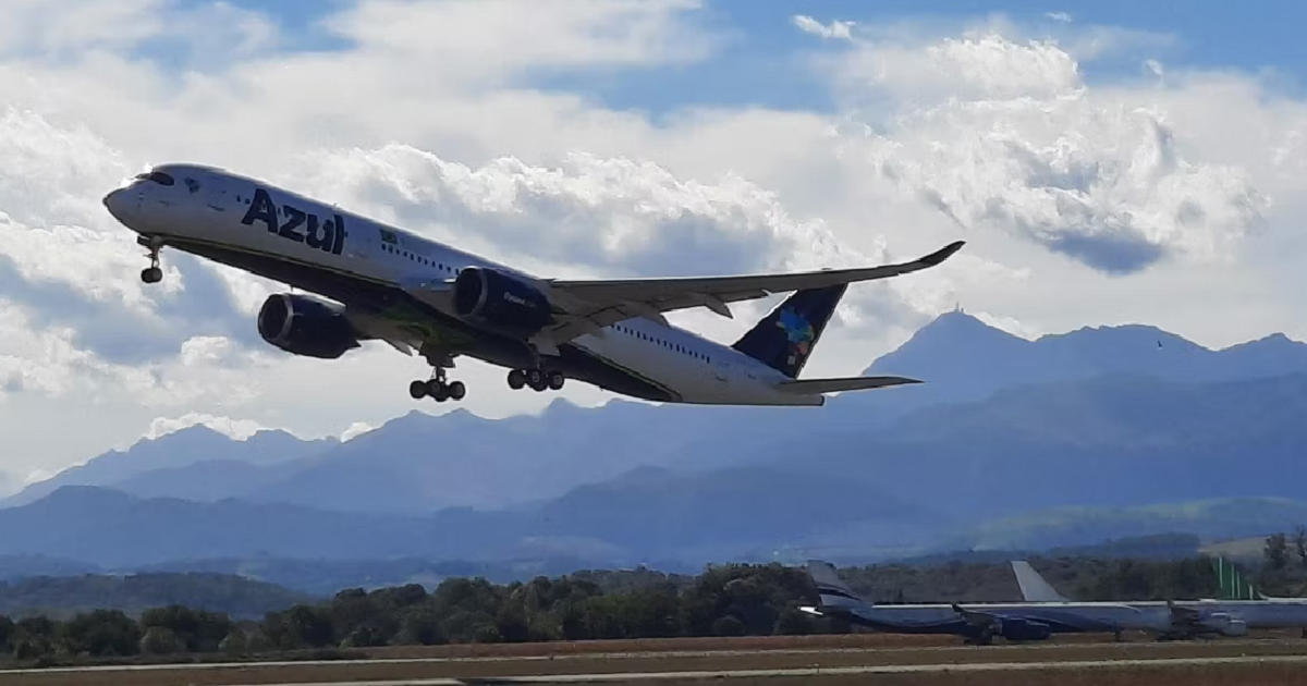 An Azul Airbus takes off.