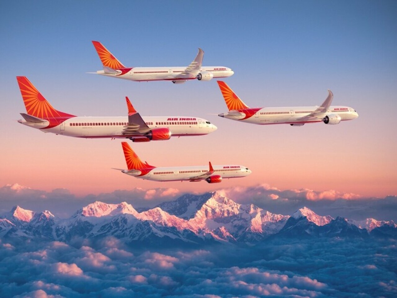 Render of four Air India Boeings in flight.