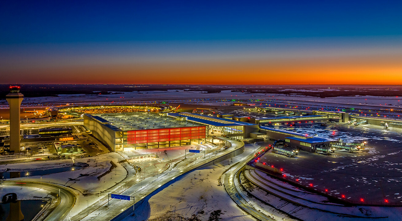 Night aerial view of new Kansas City Airport terminal.