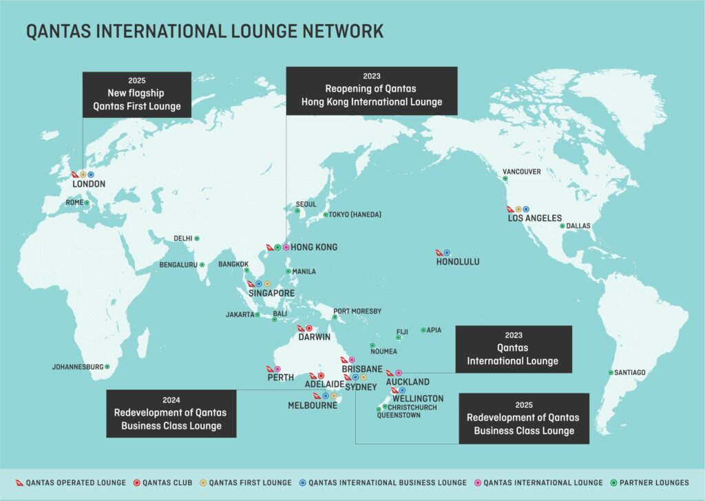 Map of new Qantas lounge facilities including London Heathrow.