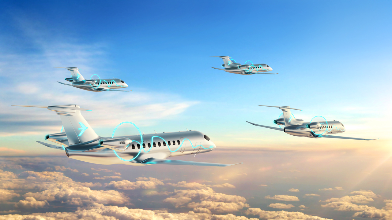 Rener of a formation of Embraer Energia family next generation aircraft in flight.