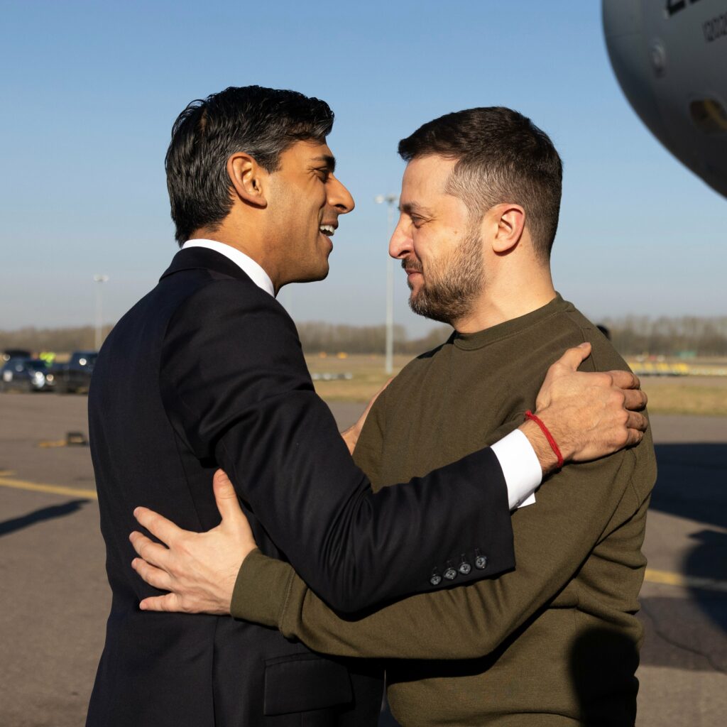 PM Rishi Sunak giving President Zelenskyy a warm embrace upon his arrival into London Stansted via C-17 Globemaster of the RAF.