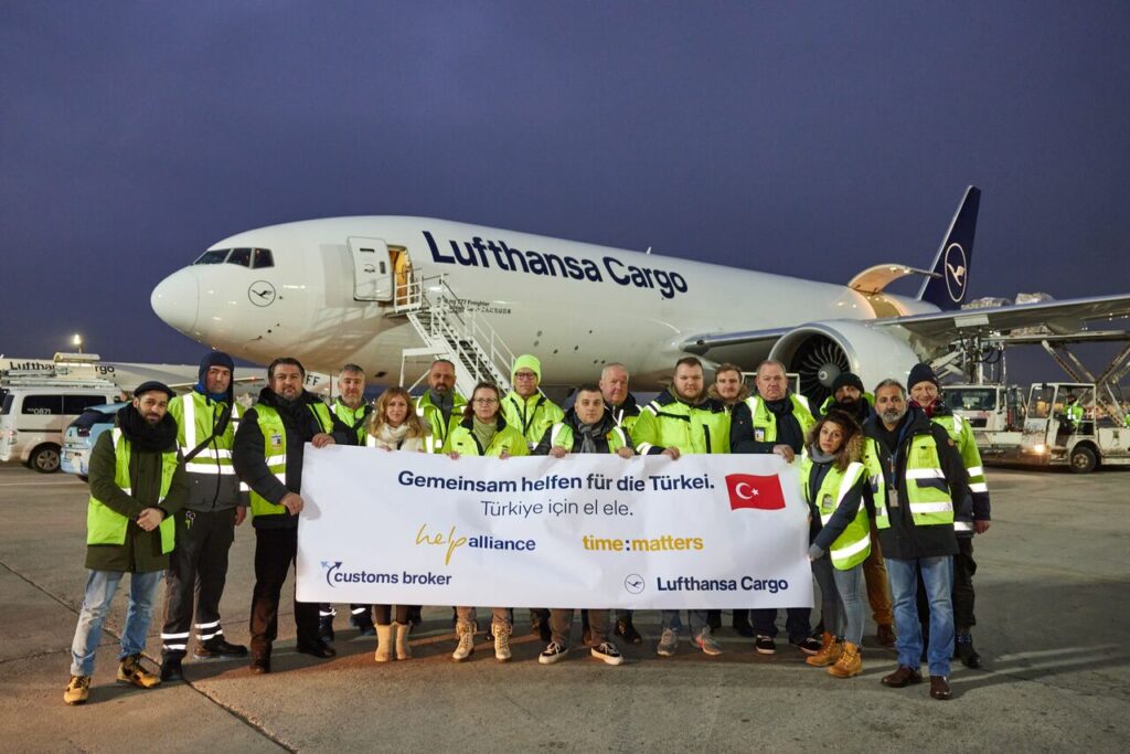A Lufthansa cargo Boeing 777 freighter prepares to fly relief supplies to Turkey.