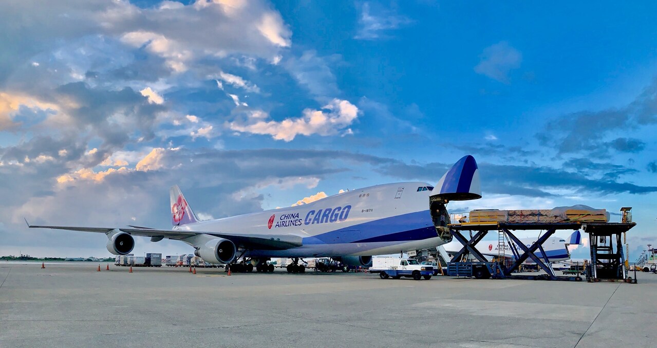 A China Airlines cargo freighter being loaded.