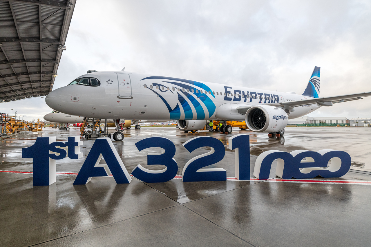 The new EGYPTAIR Airbus A321neo aircraft in front of the hangar.