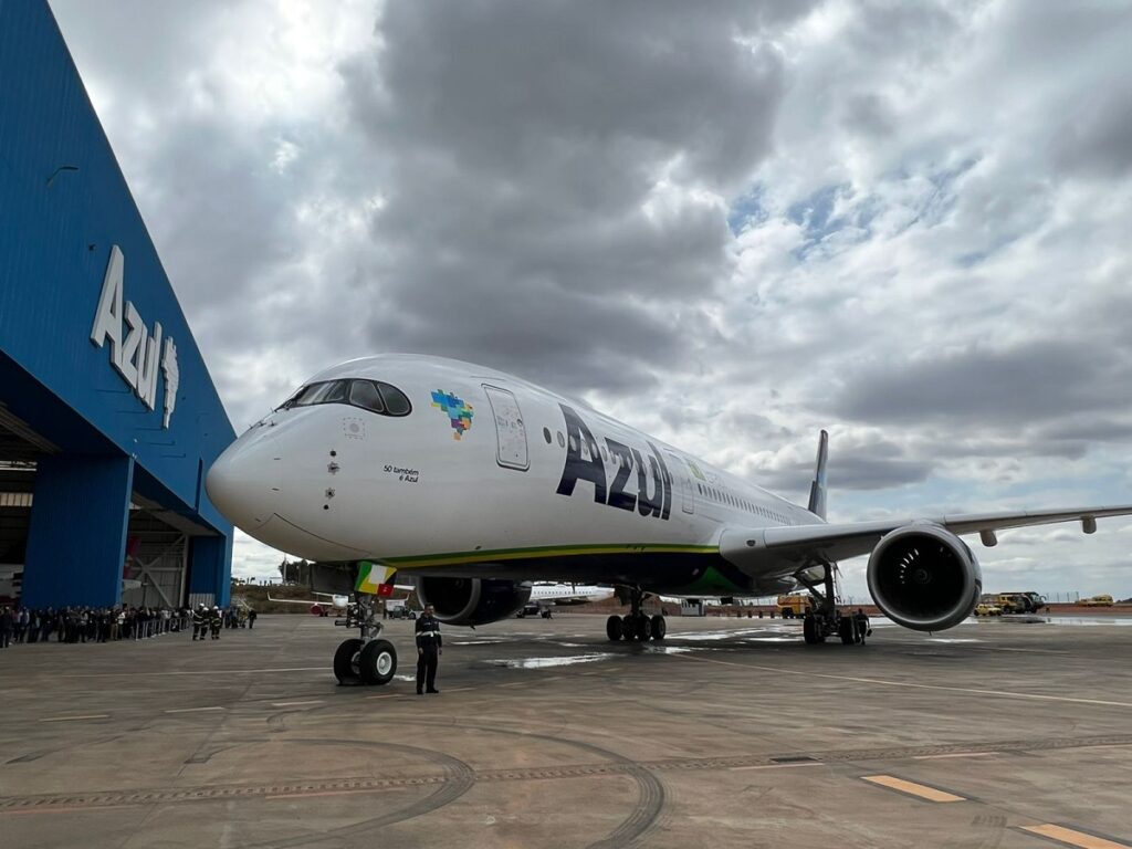Azul Airbus A350-900 parked at the hangar.