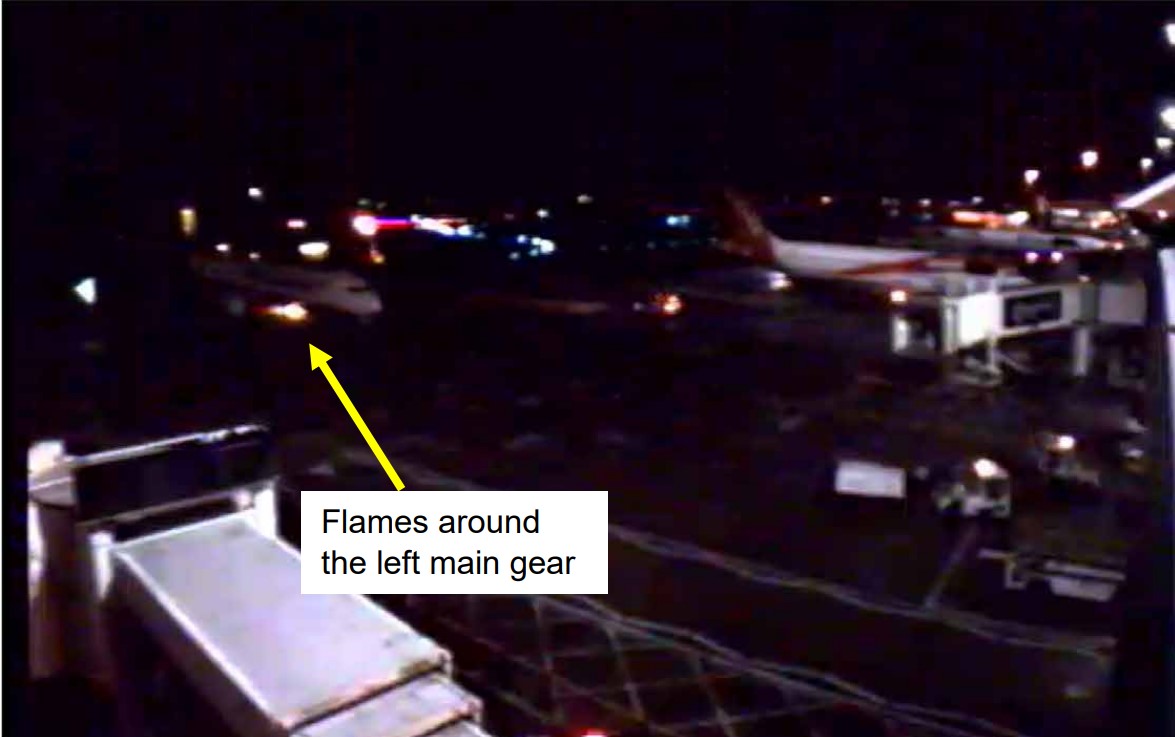 CCTV footage of Ryanair aircraft with wheel fire at Manchester Airport.