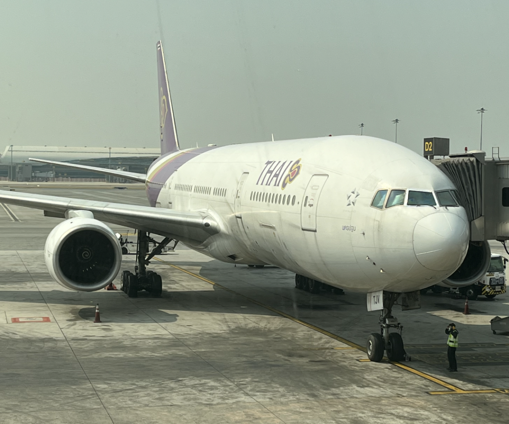 A Thai Air Boeing 777 at the terminal