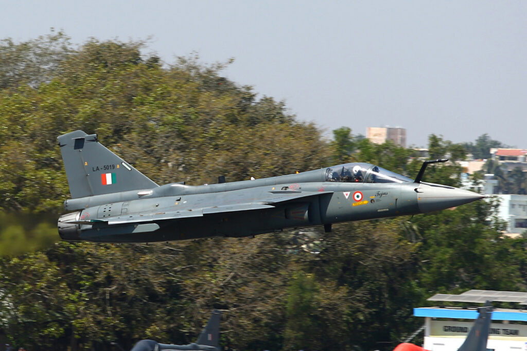 A Tejas jet conducts a low pass at Aero India 2023 in Bengaluru.