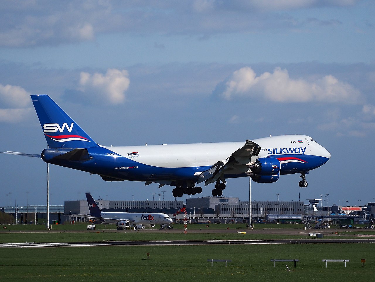 A Silk Way West Airlines Boeing 747 cargo freighter takes off.
