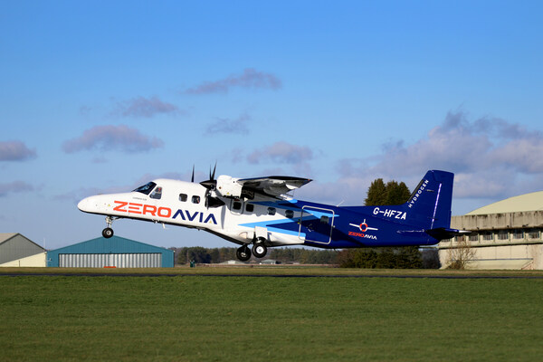 A ZeroAvia aircraft takes off.
