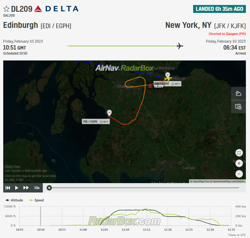 Delta Air Lines Boeing 767 diverts to Glasgow Prestwick Airport.