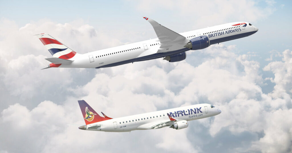 A render of a British Airways and Airlink aircraft in flight.