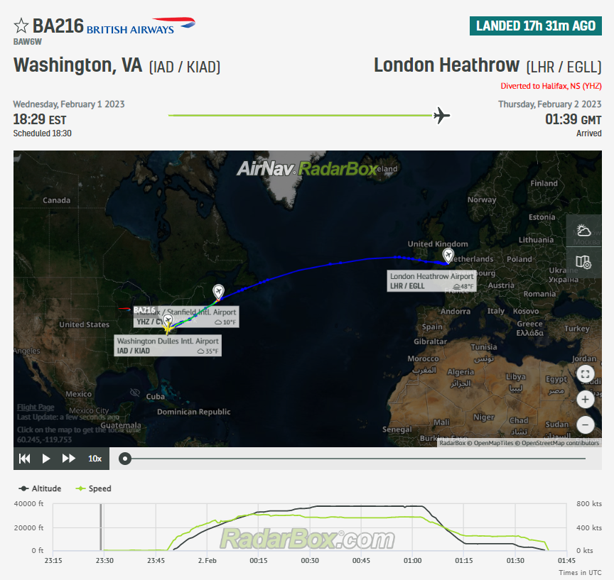 British Airways flight BA216 diverted to Halifax whilst enroute to London Heathrow. 