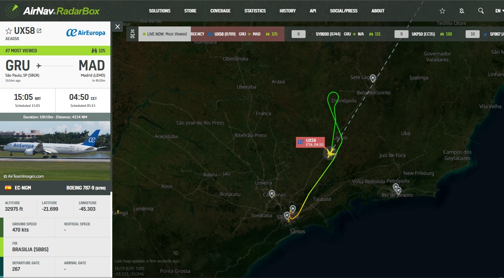 Air Europa Boeing 787 Dreamliner returns back to Sao Paulo.