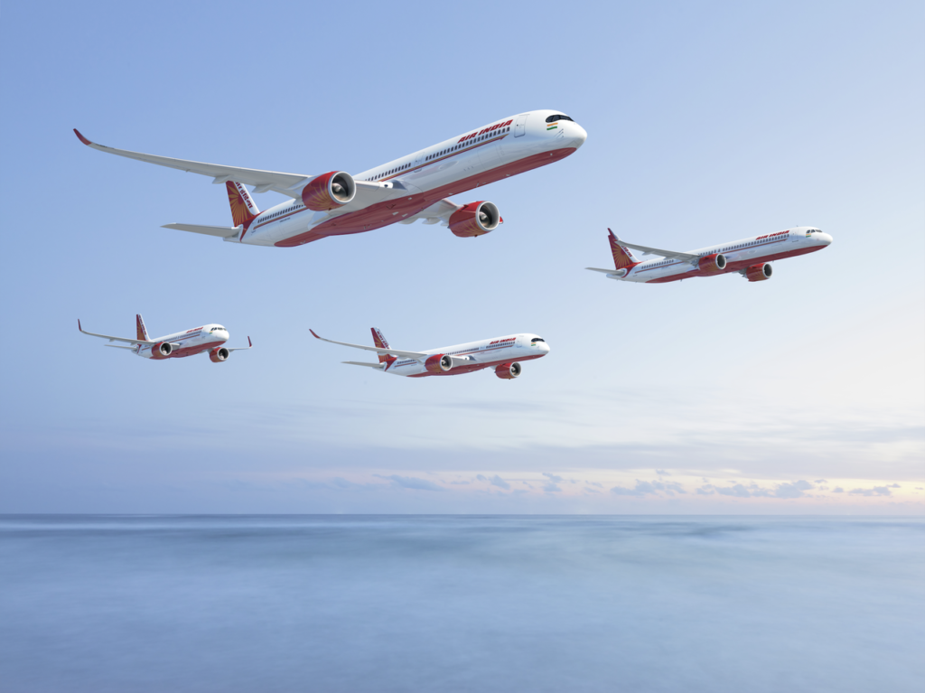 Render of four Air India Airbus aircraft in flight.