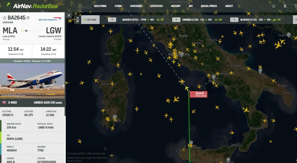 A British Airways Airbus A320 bound for London from Malta has declared an emergency over Italian airspace, and has diverted to Rome Fiumicino. 
