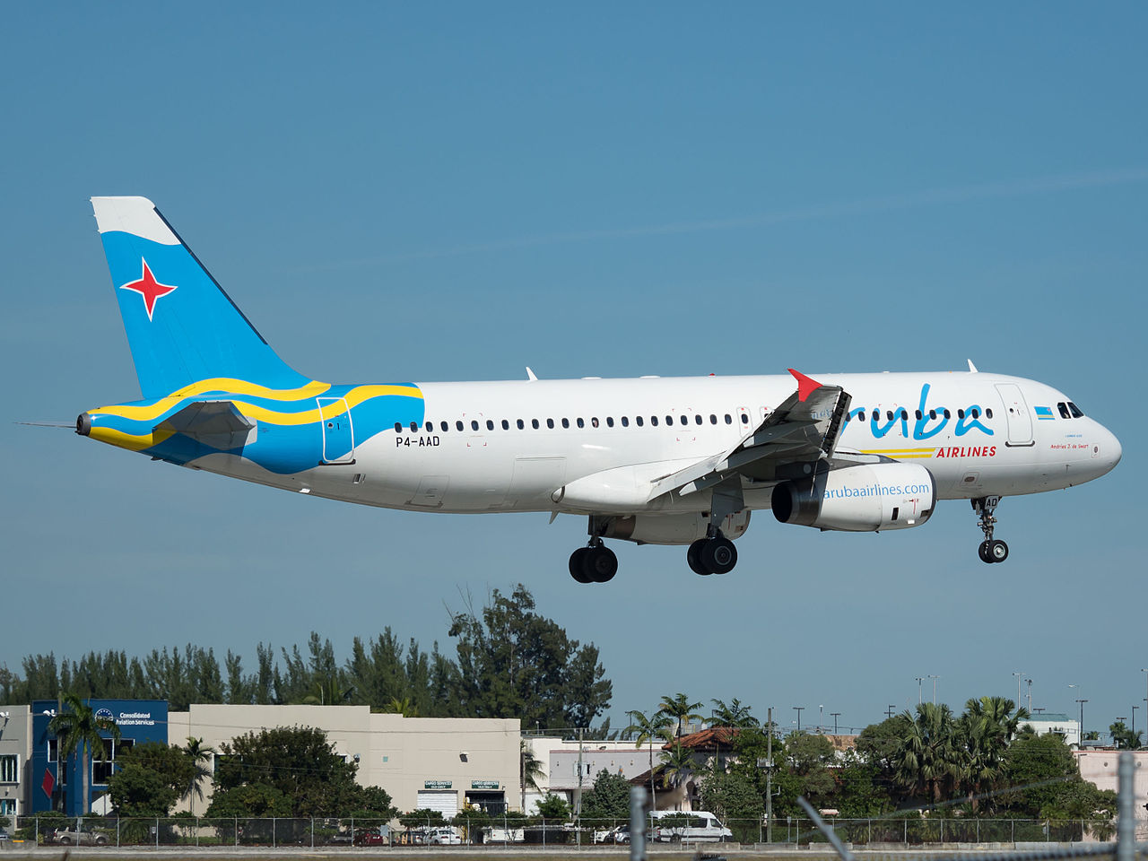 An Aruba Airlines Airbus lands at Miami Airport.
