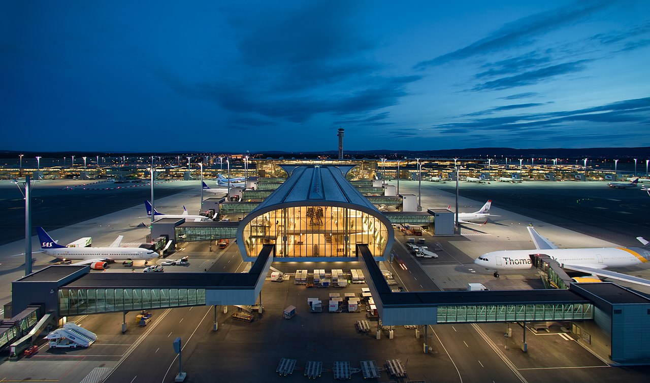 Norway Oslo Airport at night.