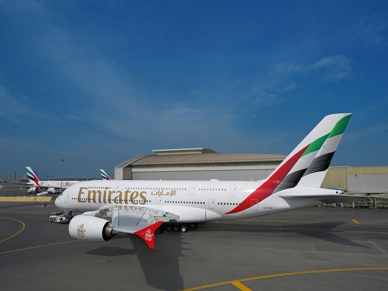 An Emirates Airbus A380 painted in the new livery.