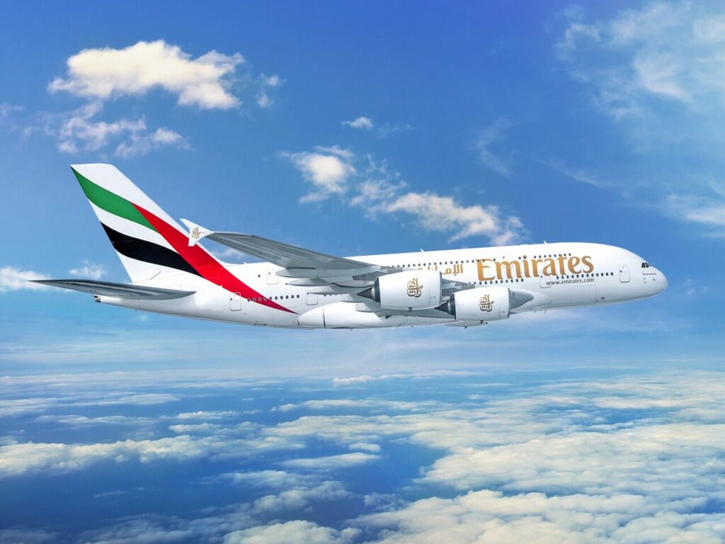 An Emirates Airbus A380 in flight.