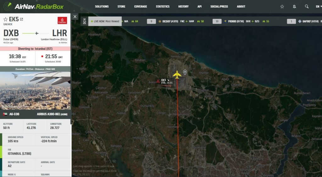 Emirates Airbus A380 diverts to Istanbul.