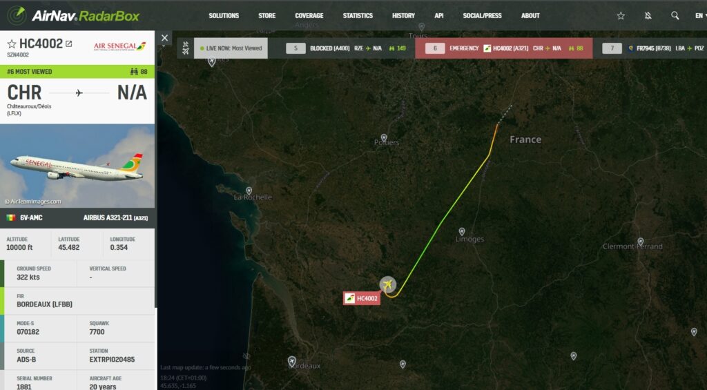 In the last few moments, an Air Senegal Airbus A321 has declared an emergency over France and has returned back to Chateauroux. 