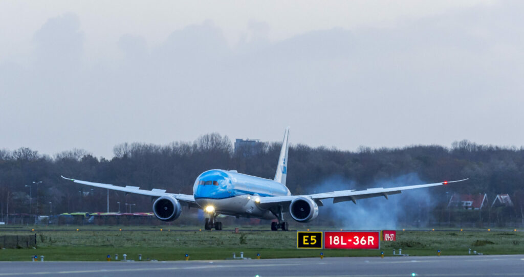 A KLM 787 Dreamliner rotates at takeoff.