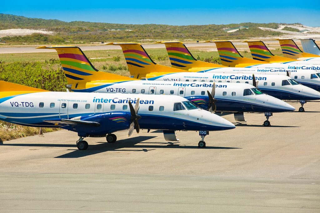 A flightline of InterCaribbean Airways aircraft