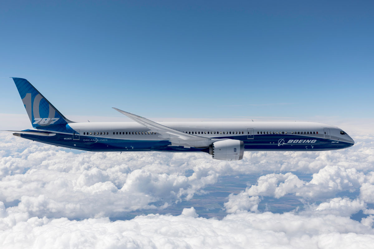 A Boeing 787 Dreamliner in flight.