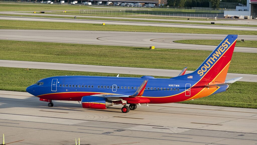 A Southwest Airlines Boeing 737-700 on the taxiway.