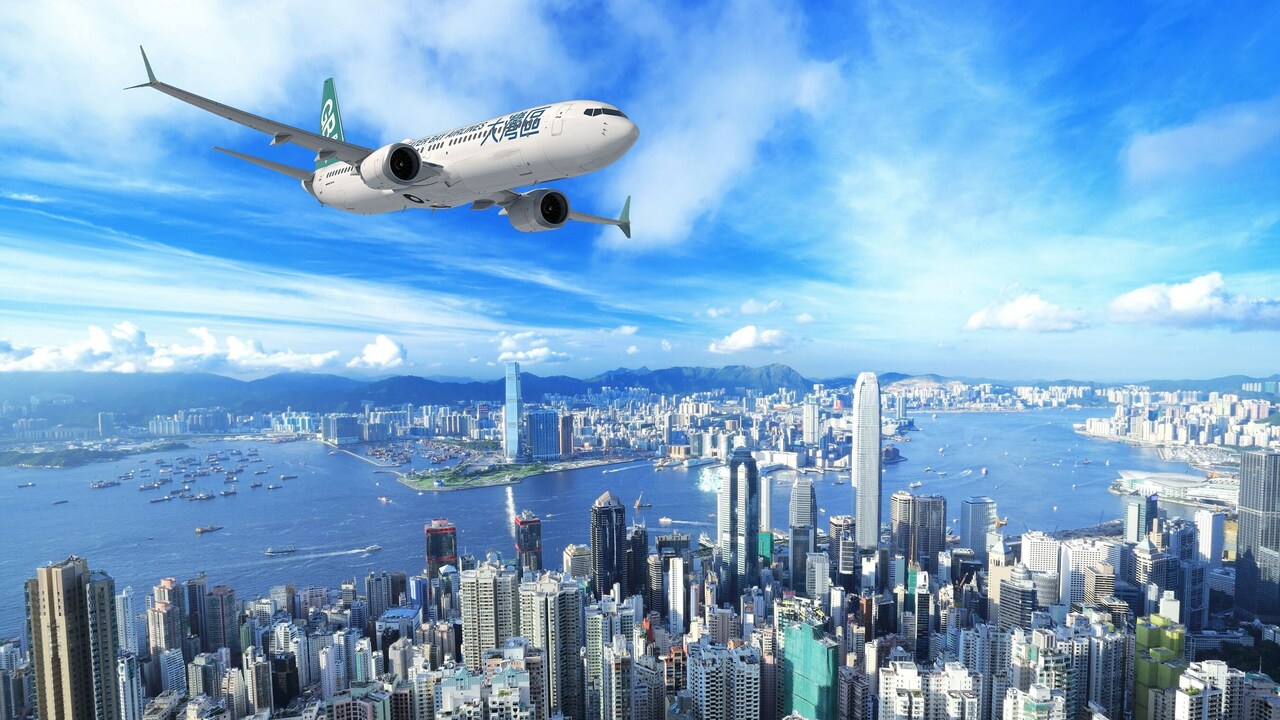 Render of a Greater Bay Airlines 737 over the city