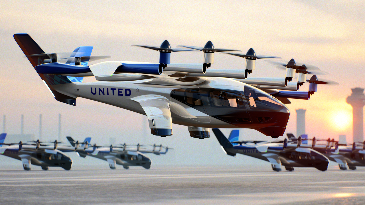 Render of a United Airlines Archer Midnight eVTOL aircraft.