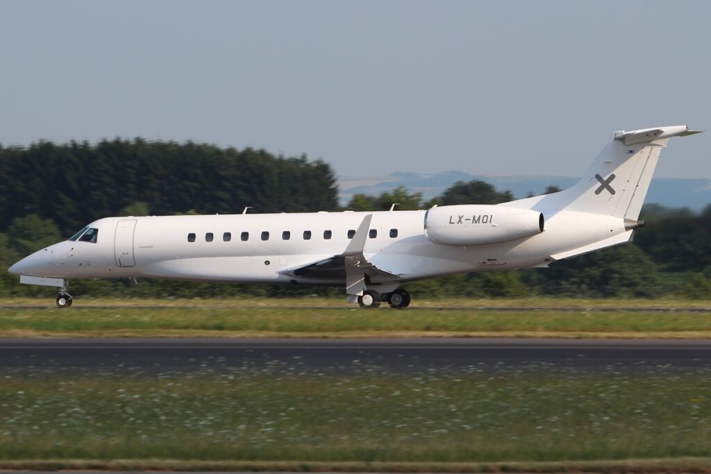 A Luxaviation private jet on the runway.
