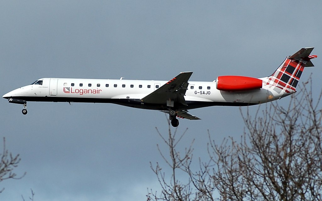 A Loganair Embraer jet approaches to land.