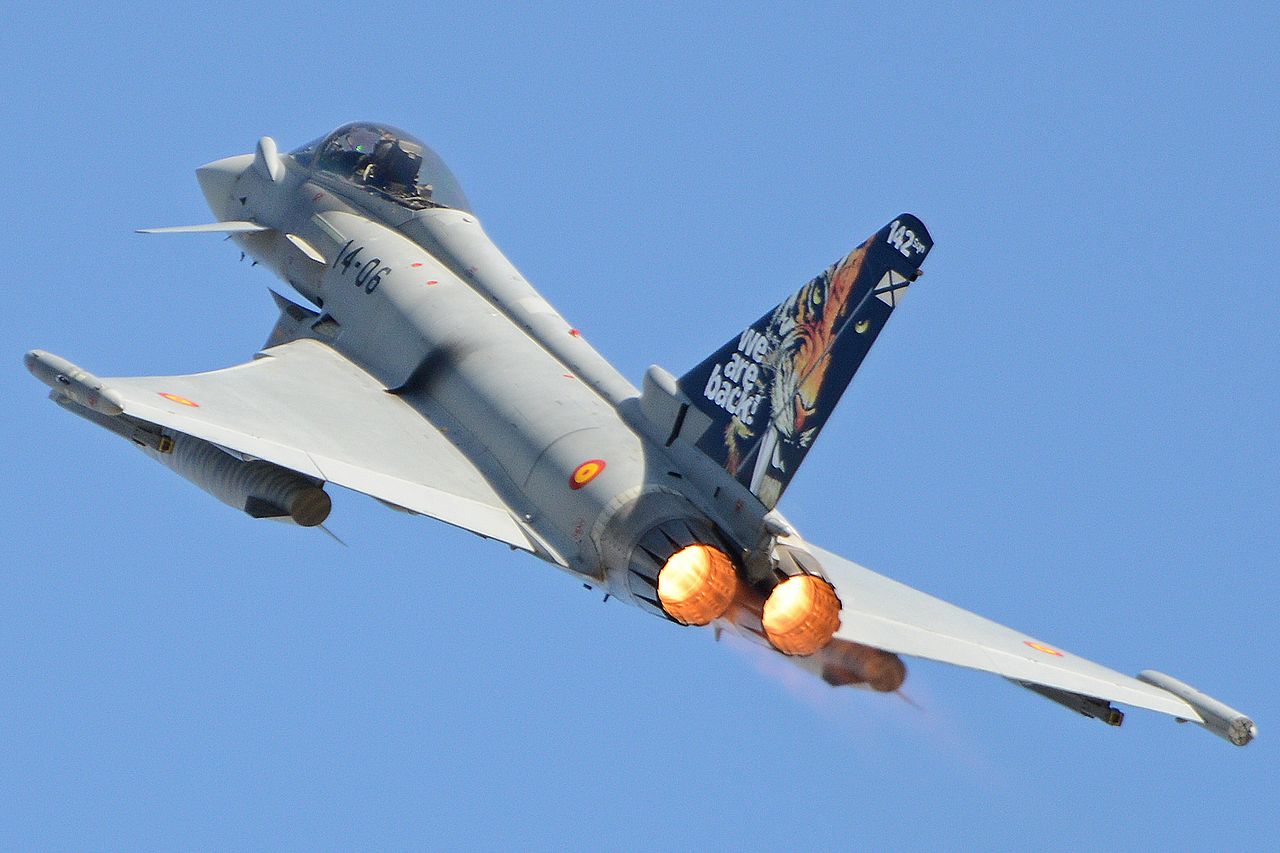 A Spanish Air Force Eurofighter jet in flight.