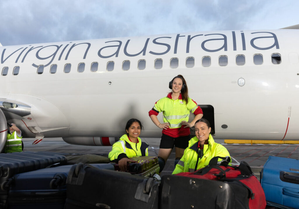 All-female ground crew load Virgin Australia flight VA313 for International Women's Day 2023.