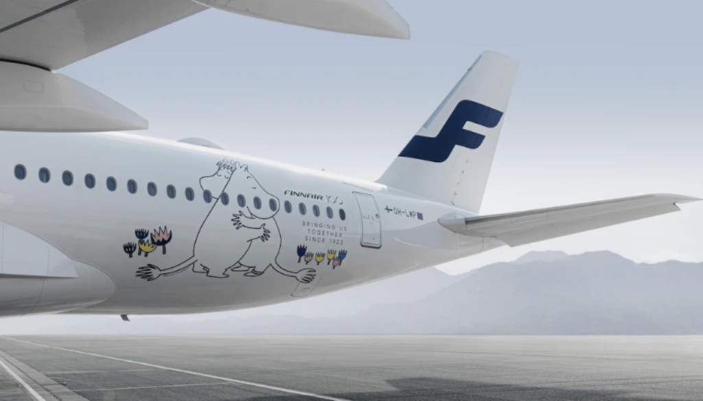 A Finnair A350 with Moomin characters in the fuselage.