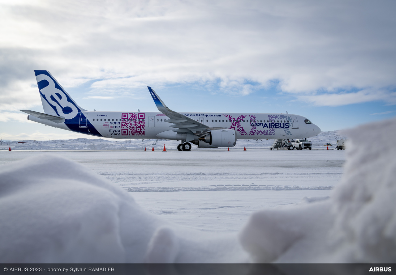 An Airbus A321XLR in the snow in Canada