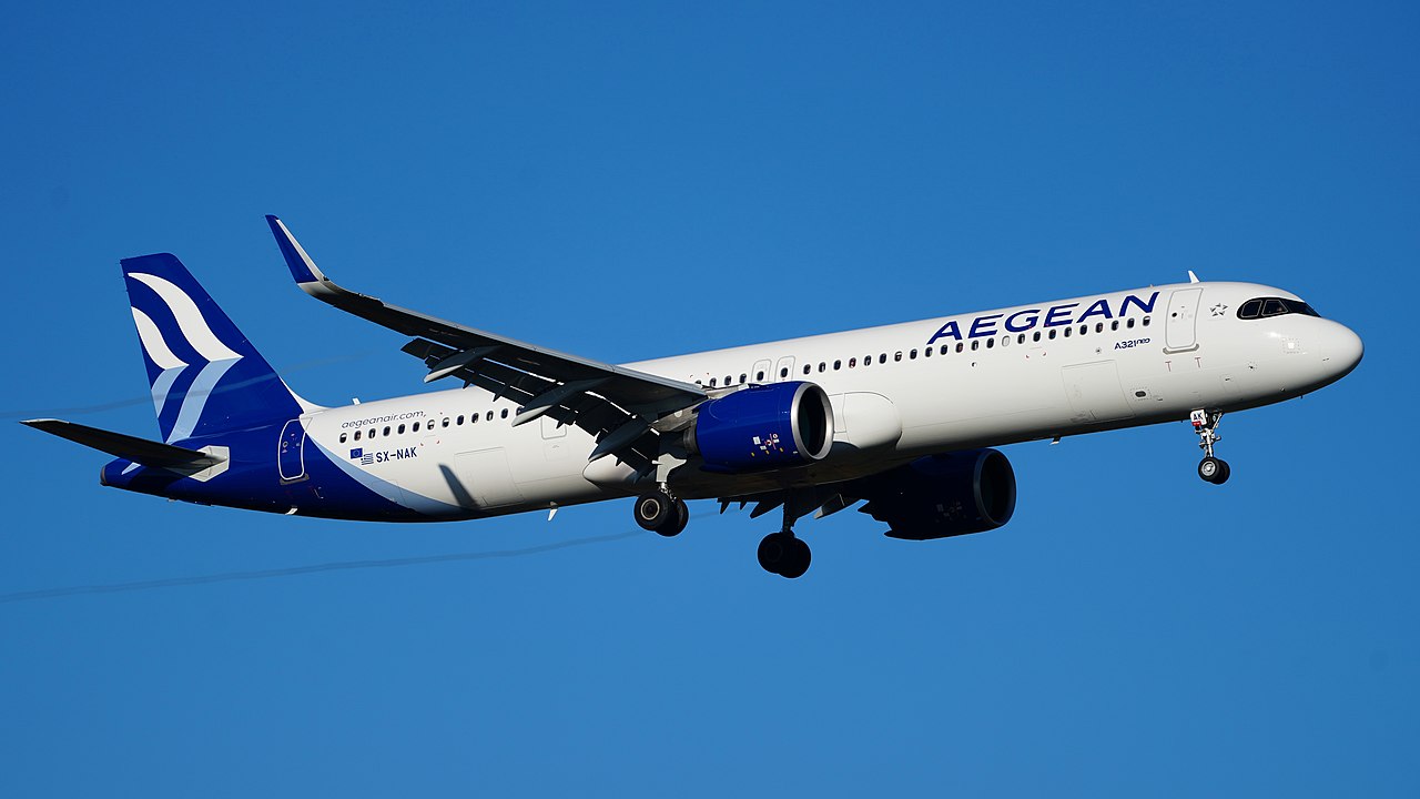 An Aegean Airlines Airbus approaches to land.