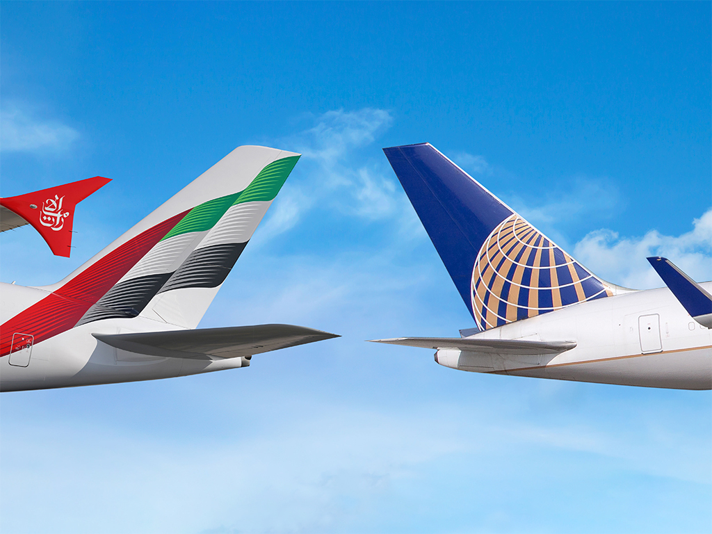 A graphics of the tailplanes of an Emirate and United Airlines aircraft.