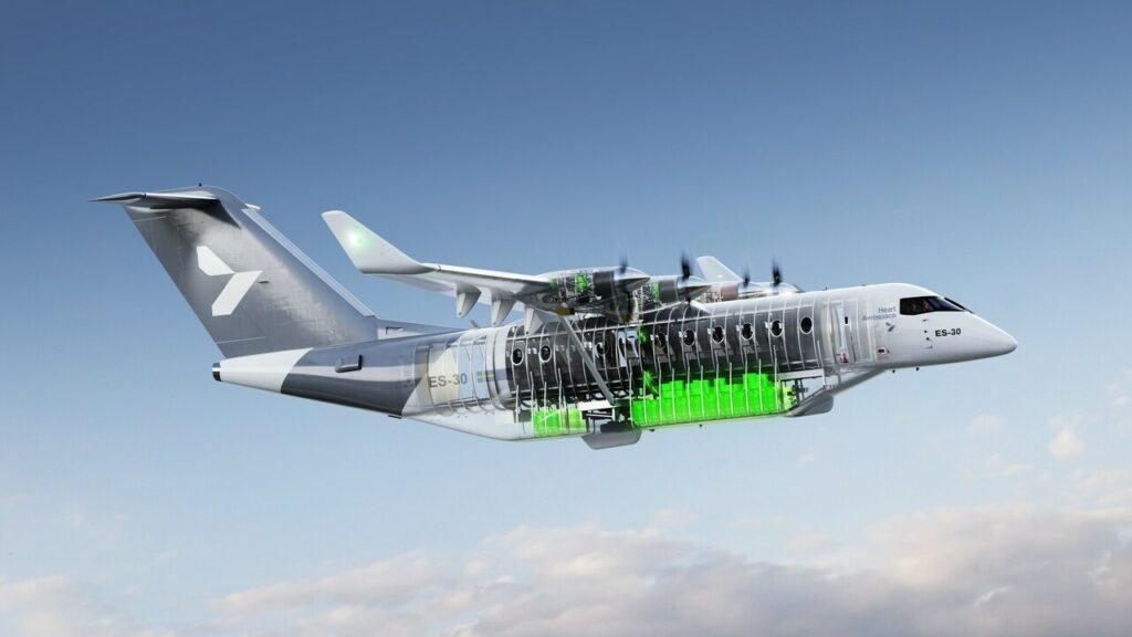 Render of a Heart Aerospace electric aircraft showing battery system.