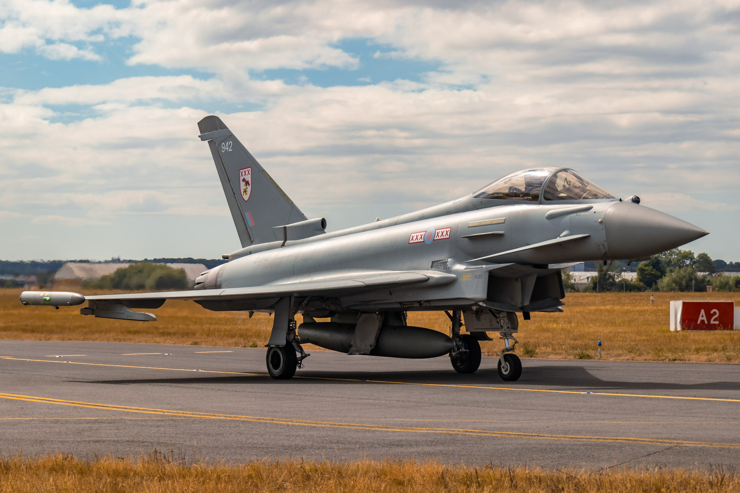 An RAF Typhoon on the taxiway.