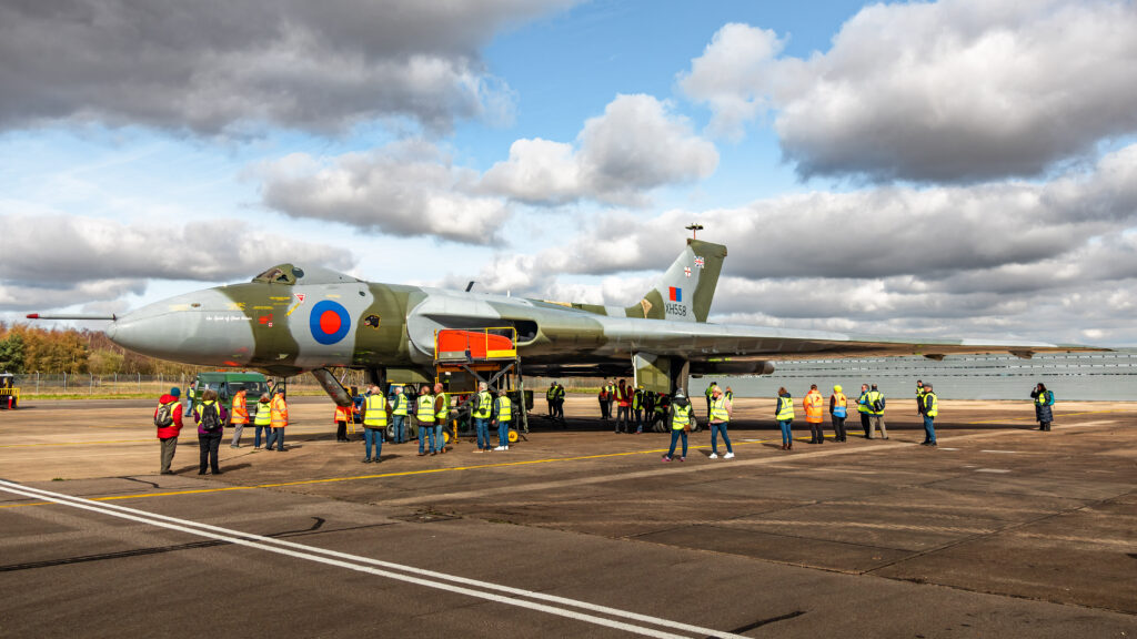 Avro Vulcan XH558 runs its engines at Doncaster Sheffield Airport for the last time.