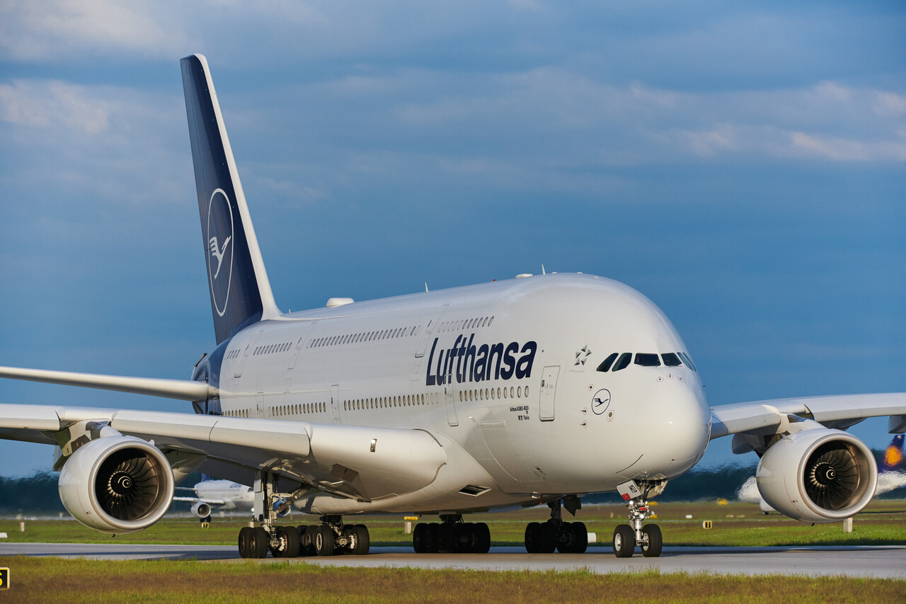 A Lufthansa Airbus A380 on the taxiway.