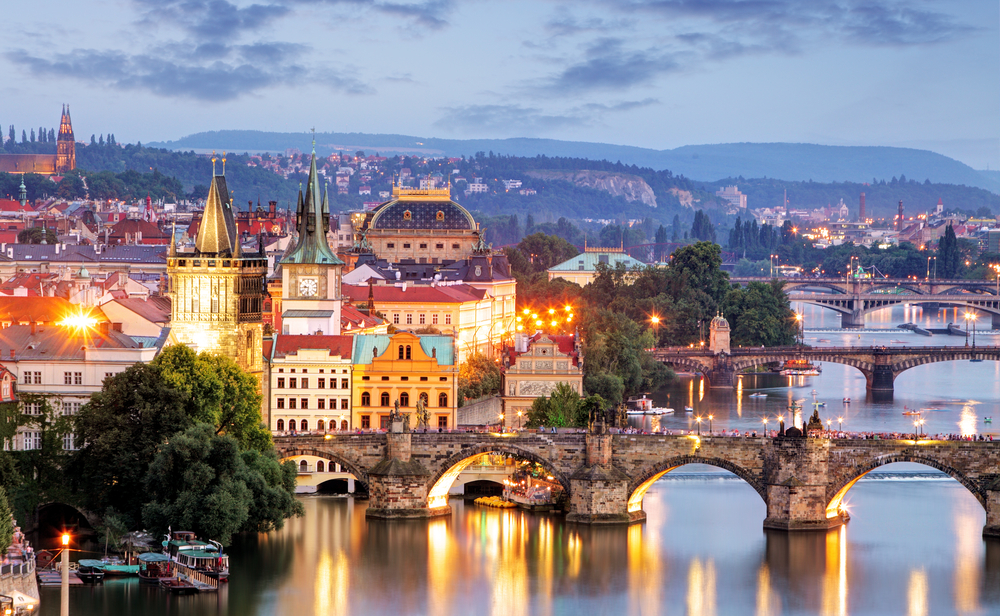 Scenic evening view of Prague