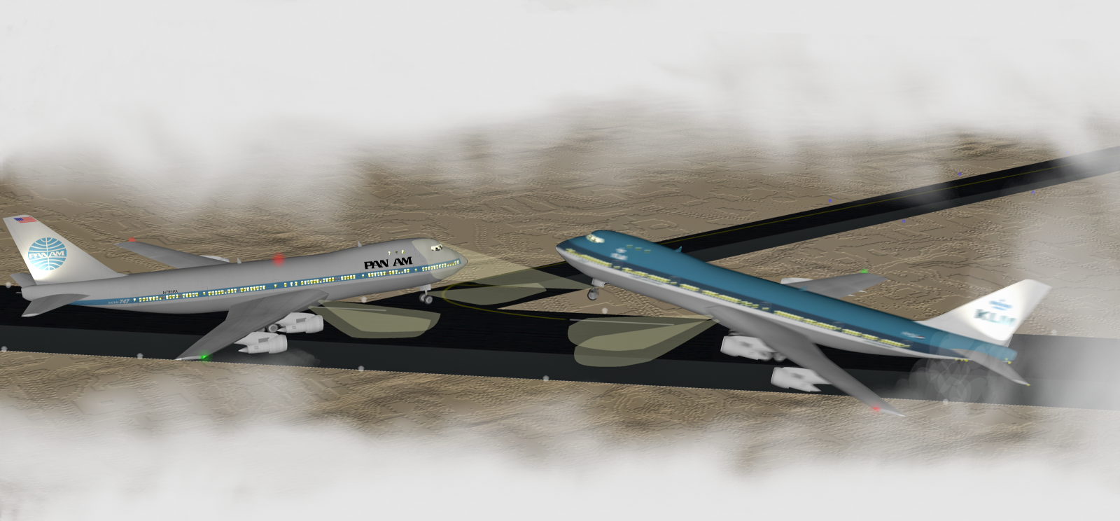 Render of the March 1977 Tenerife air disaster involving KLM and PanAm Boeing 747s.