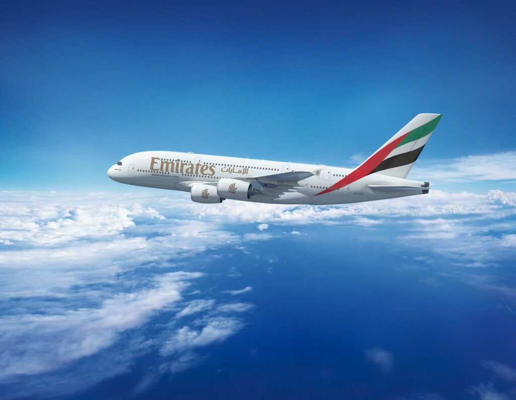 An Emirates A380 in flight.